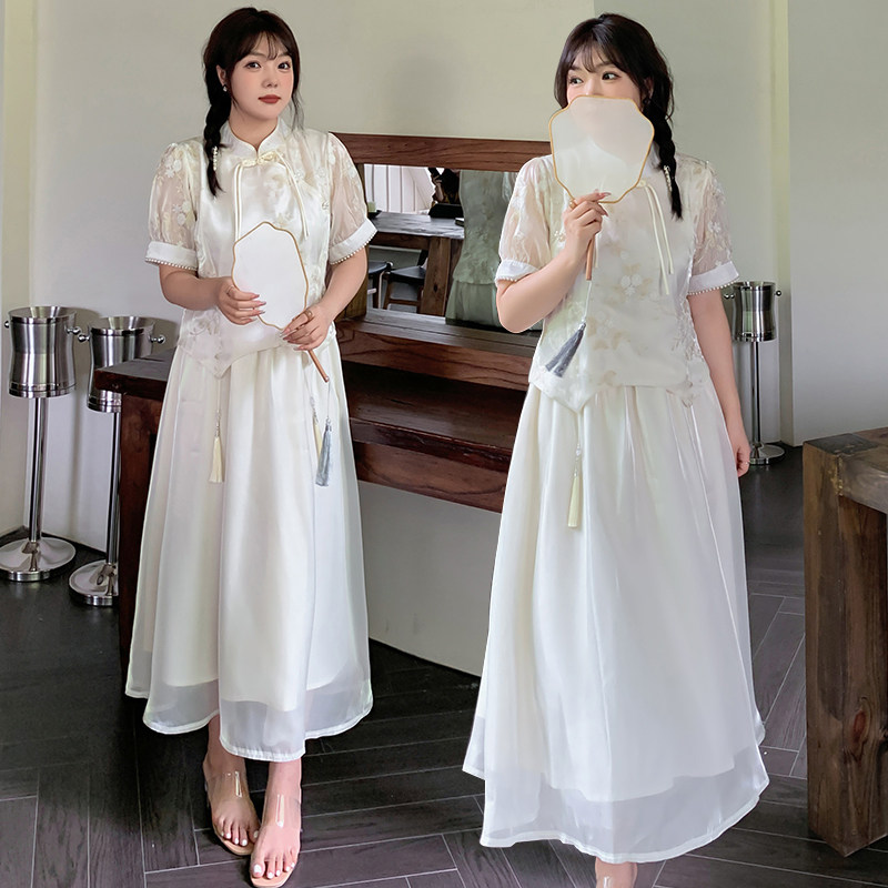 微胖夏季新品加肥大码女装新中式套装女改良版旗袍刺绣两件套显瘦