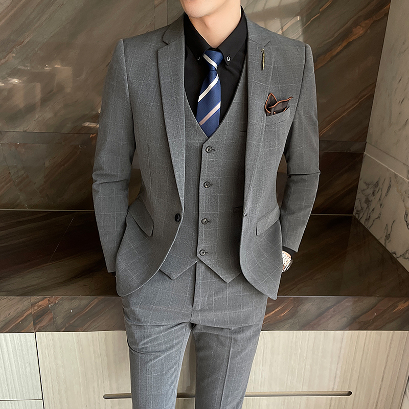 速发男士格子西服套装韩版伴郎新郎三件套西O装修身结婚休闲正装