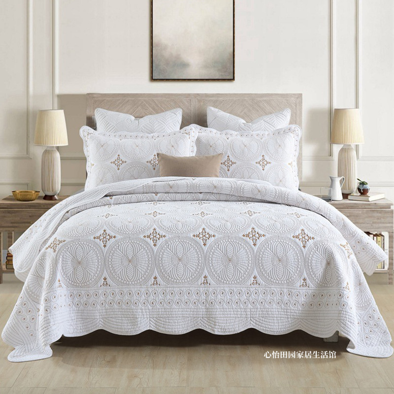 外贸2022美式绣花轻奢双面纯棉高档床盖绗缝被三件套欧式炕盖床单