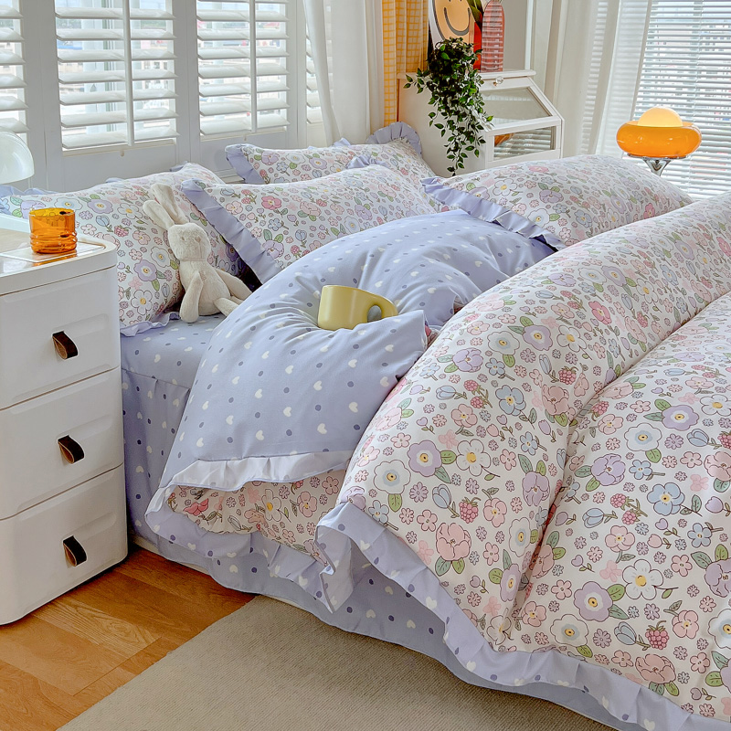 牀裙四件套纯棉磨毛牀单双人被套小清新紫色大学生宿舍1.2m三件套