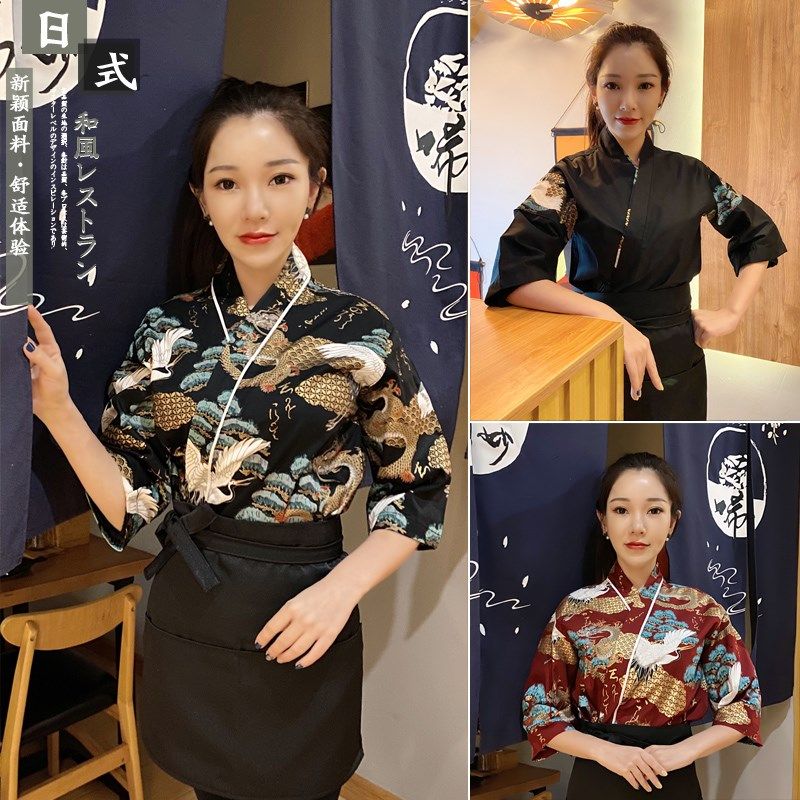 日式和服工作服寿司店料理店厨师工作服和风和服印花盘龙白鹤图案