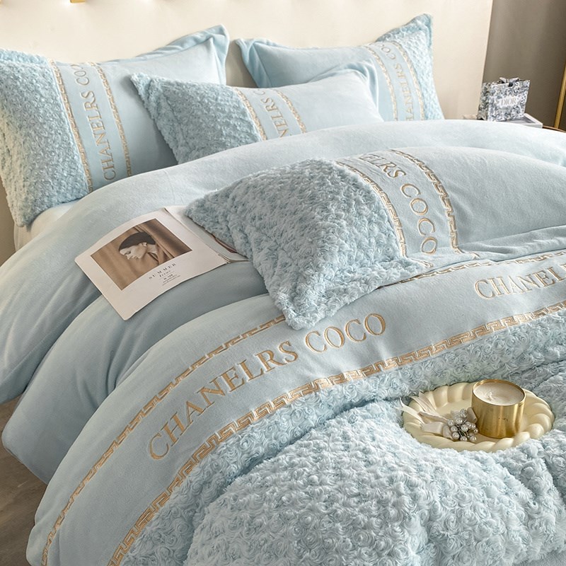 冬季加厚双面兔毛绒牛奶绒四件套加绒保暖简约刺绣床单床笠款被罩