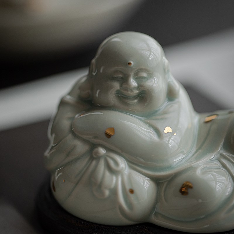 创意陶瓷文玩小摆件撒金弥勒笑佛工艺品文房书房桌面镇纸摆设
