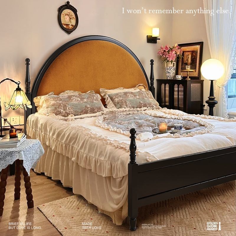 复古法式美式实木床黑色1.5米1.8主卧双人大床现代简约软包床欧式