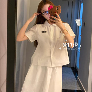 韩版 娃娃领短袖 女白色衬衫 衬衫 减龄纯色气质甜美宽松上衣 套装