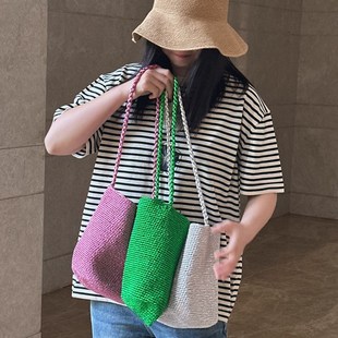 女士綠色粉色銀色手工編織包水桶D包單肩包小眾設(shè)計感小號洋氣