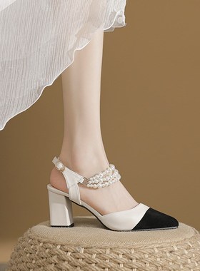 软皮高跟凉鞋包头粗跟大码女鞋41一43夏季胖脚宽P肥小码凉鞋31323