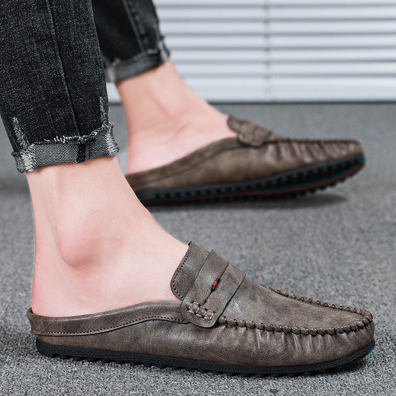 包头半拖鞋男懒人一脚蹬无后跟青年男士皮凉拖鞋韩版X潮流豆豆鞋