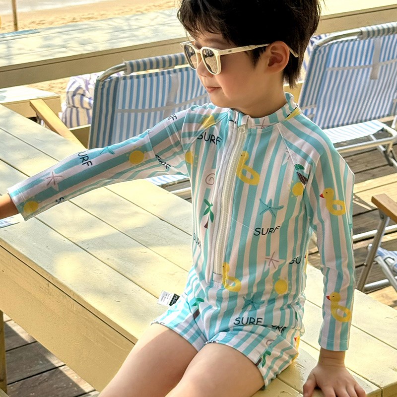 男童泳衣2025新款儿童夏装长袖连体泳装宝宝P洋气可爱条纹游泳衣