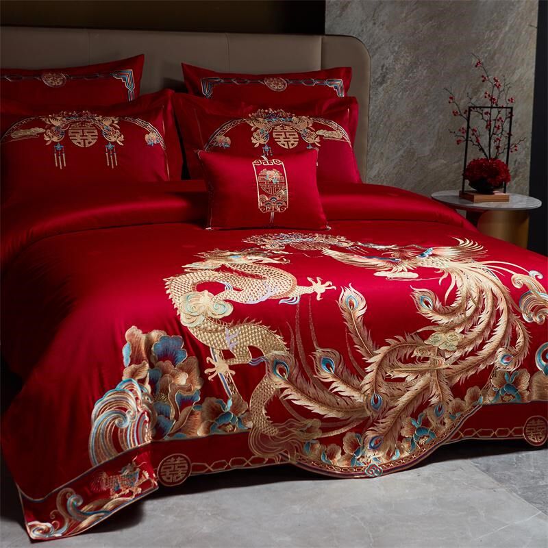 龙凤呈祥 中式传统大红色绣花婚庆四六L件套全棉刺绣床上用品,床上用品,婚庆床品套件,淘宝优惠券,粉丝福利购,淘宝优惠卷