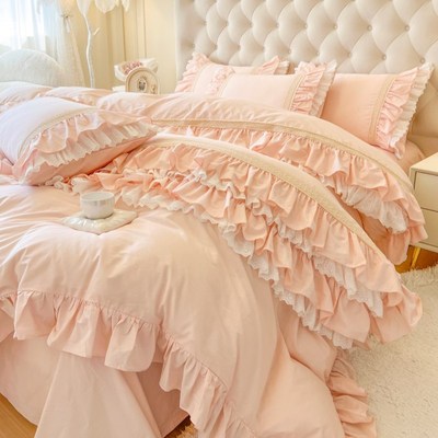 公主风全棉水洗棉四件套法式蕾丝荷叶花边L被套1.8米床上用品4