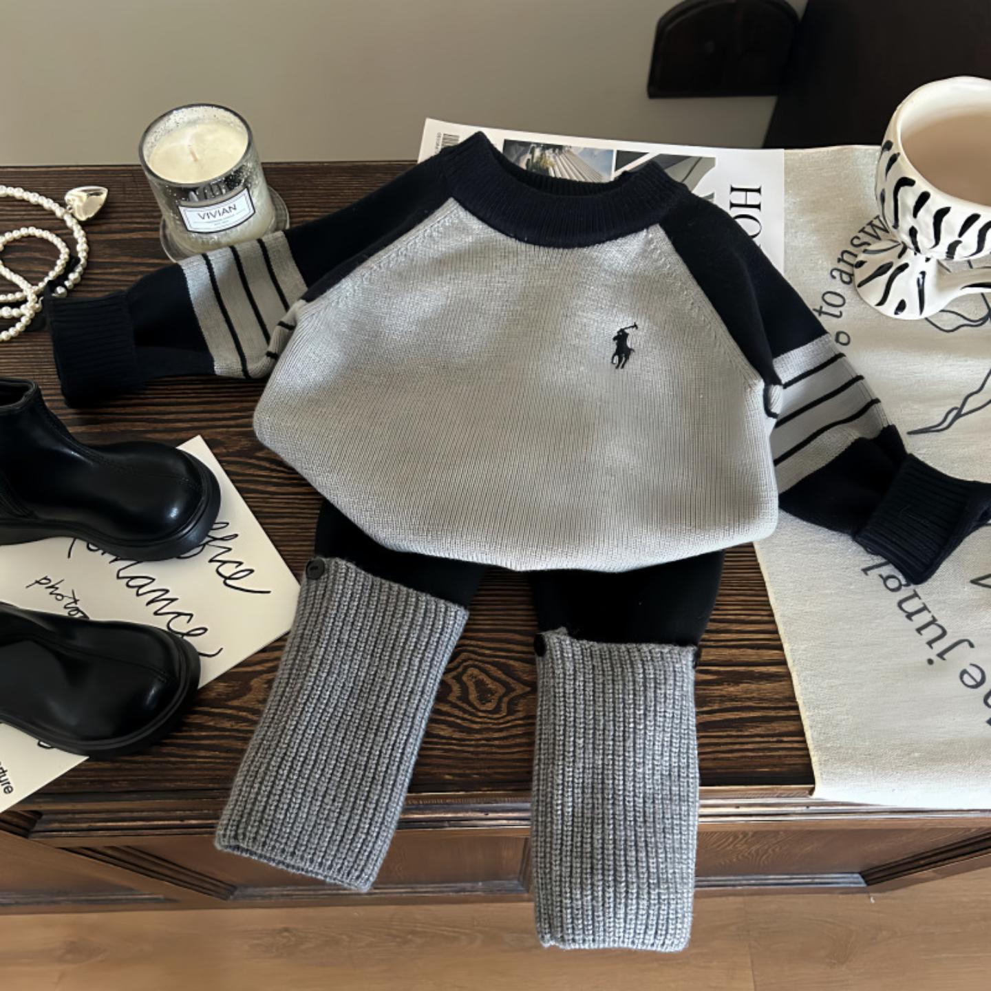 韩版童装新款冬季女童拼色针织毛衣儿童堆堆袜加绒打底裤套装