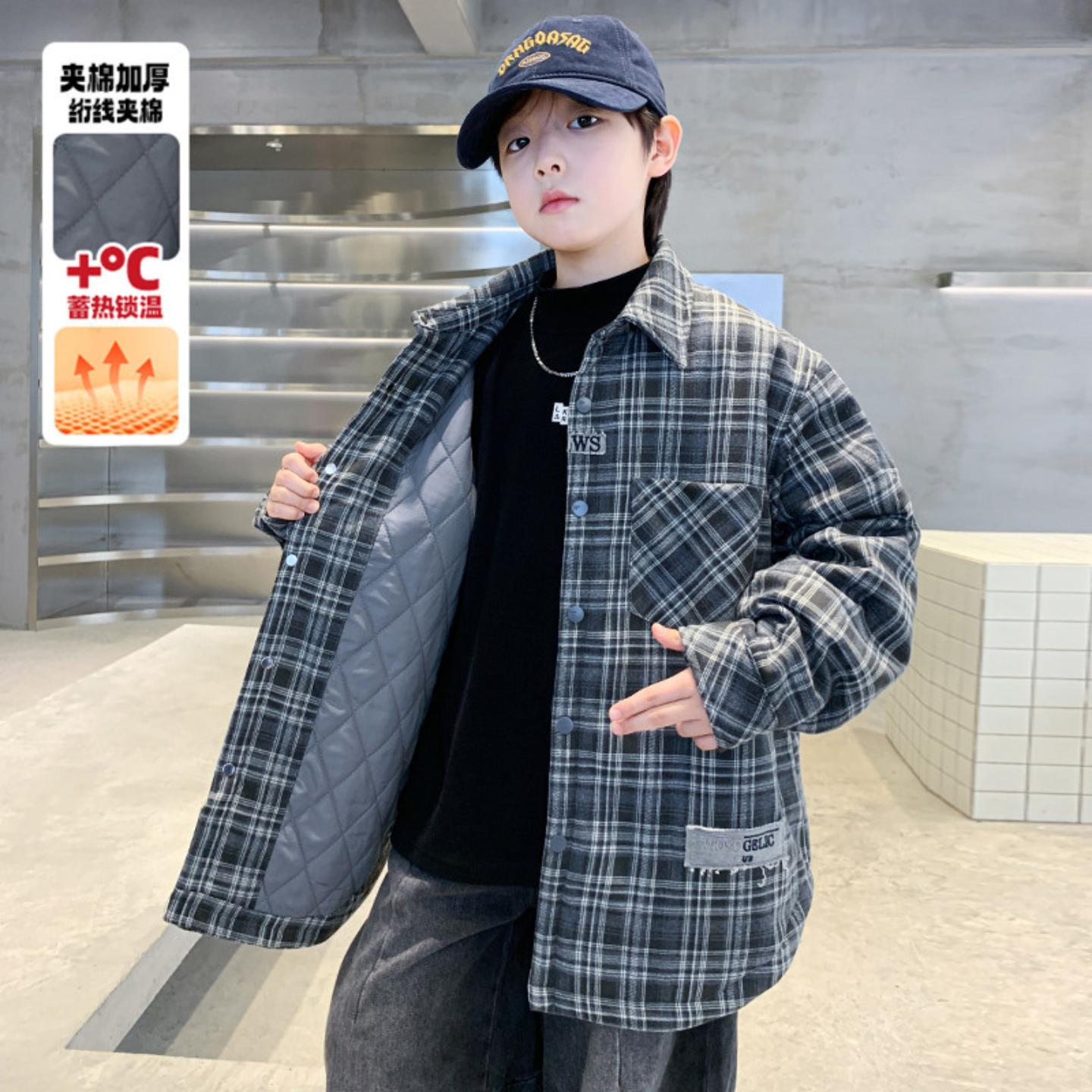 男童秋冬款绗棉格子翻领外套新款中大童冬装儿童二棉衬衫内搭