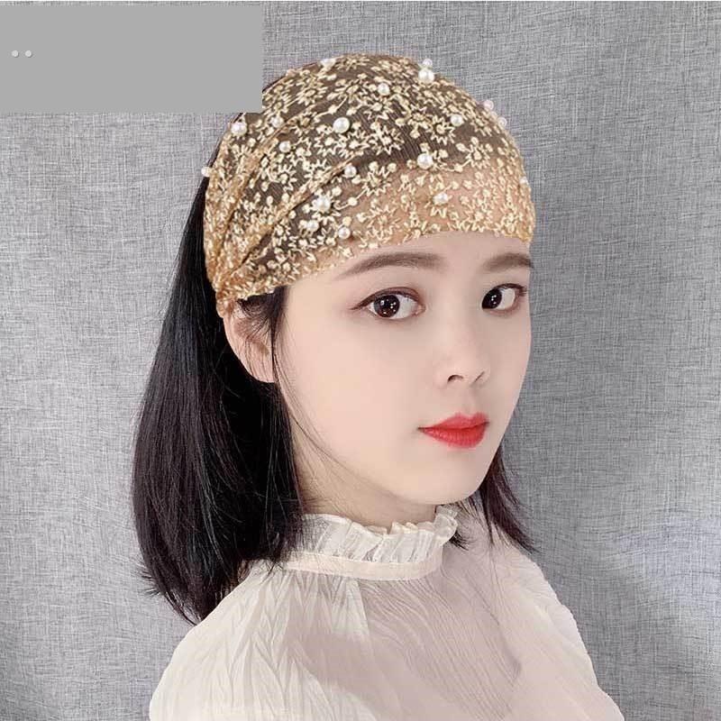 蕾丝珍珠头套发带遮白发的帽子薄款遮白头发头饰遮盖神器夏季头巾