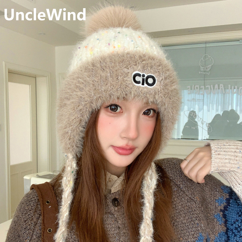 加绒保暖套头帽子女冬季毛绒小熊显脸小针织帽户外防寒护耳毛线帽