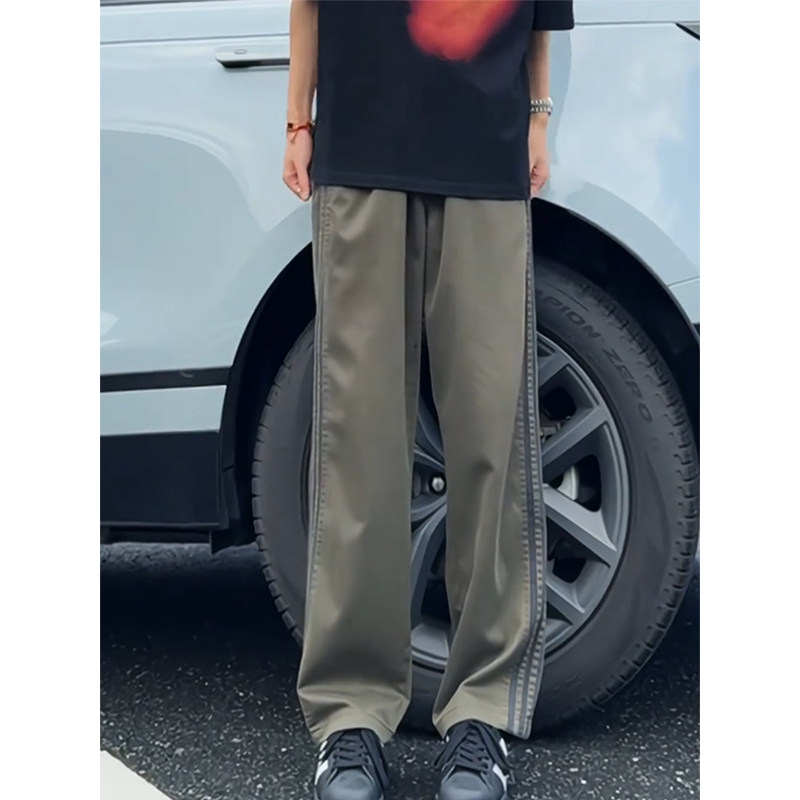 军绿色美式复古条纹裤子男款夏季潮牌高街三条杠休闲裤运动休闲裤