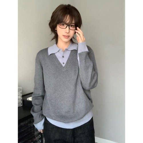 灰色老钱风假两件v领针织衫长袖