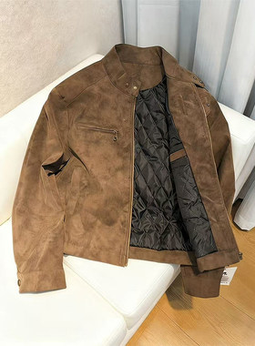 咖色扎染PU皮衣棉服外套男