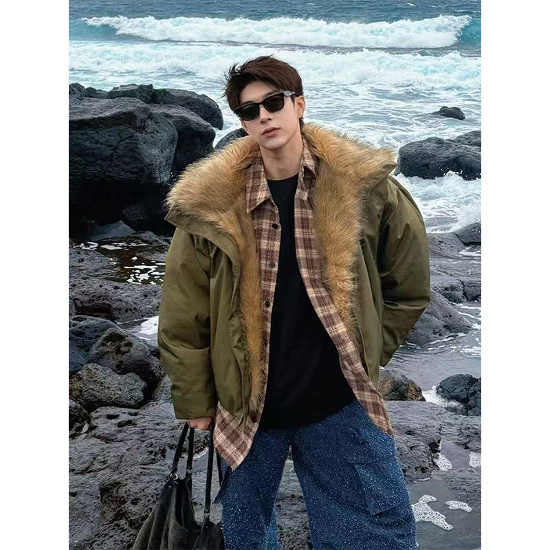 军绿色座山雕毛领夹克棉服男款冬季高级感痞帅防寒服短款棉衣外套