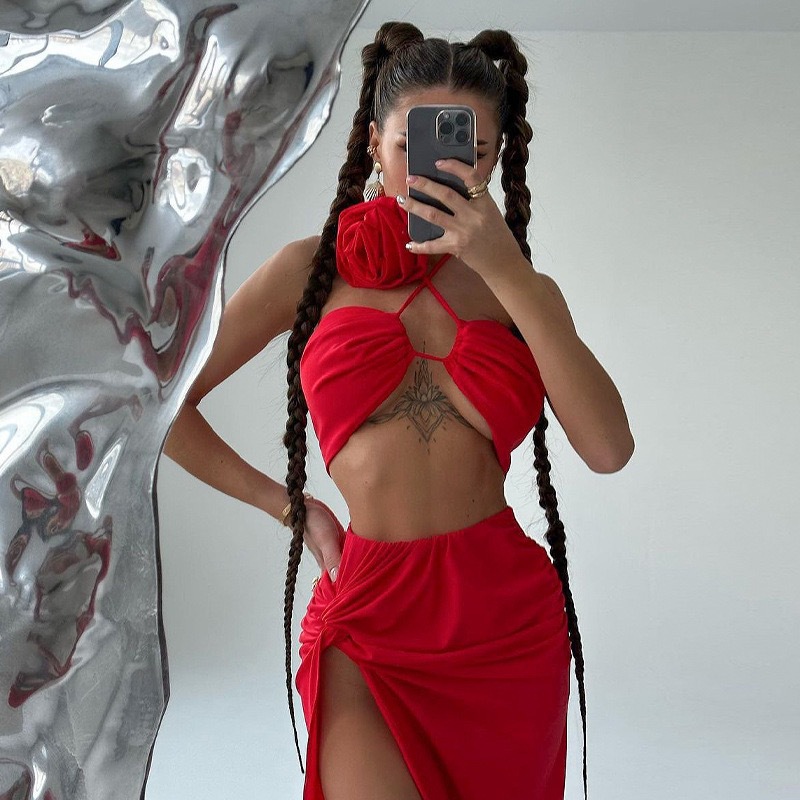 独立站欧美风女装性感系绳裹胸上衣两件套女分体高腰开叉长裙