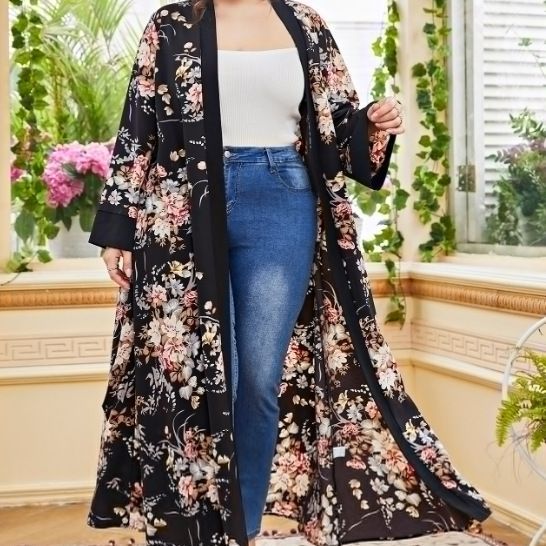 现货2024春欧美大码开衫外套花色印花文艺长袖中东气质雪纺女