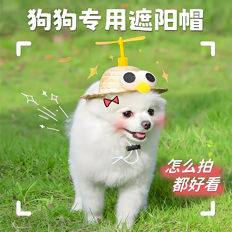 可爱猫猫草帽旋转竹蜻蜓照装饰
