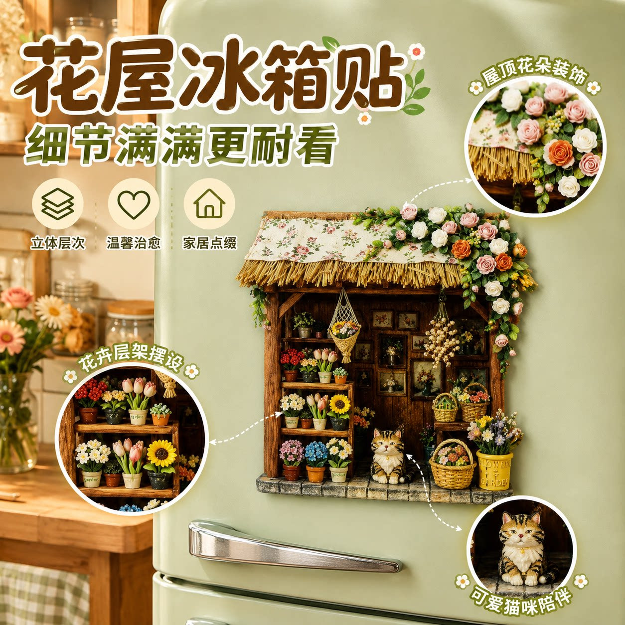 小猫仿真鲜花铺磁吸冰箱贴