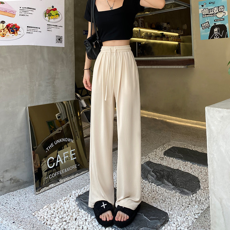 小个子黑灰色铜i氨丝阔腿裤女夏季薄款150搭配显高直筒垂感拖地裤