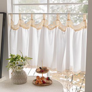 厨房蕾丝短帘韩式田园白色纱帘半帘飘窗窗帘免打孔透光不透人门帘
