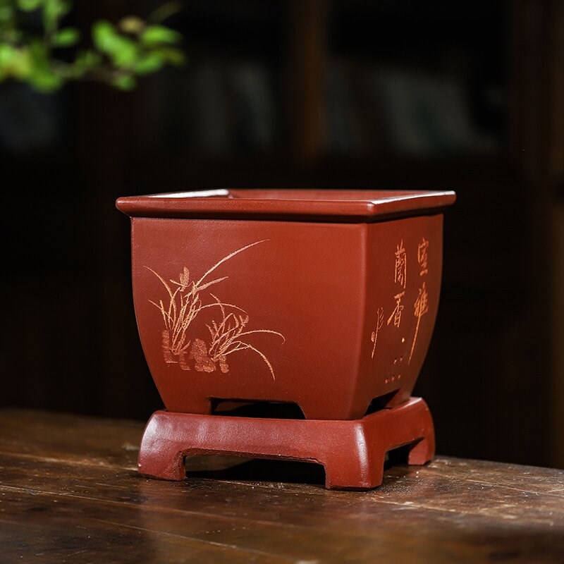 宜兴紫砂花盆四方透气君子兰x盆老桩盆兰花种树盆大号陶瓷盆栽花