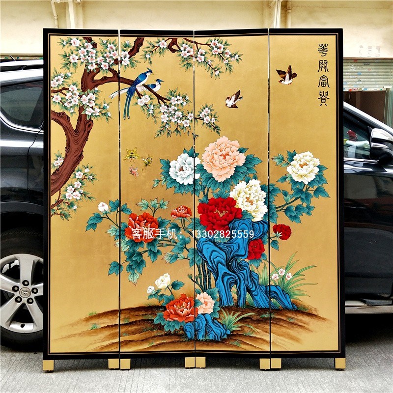金箔手绘花开富贵j屏风中式客厅玄关隔断餐厅卧室沙发背景活动折