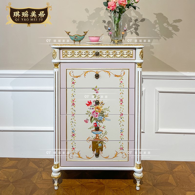 法式卧室清新实木白色粉紫色描画手D绘花卉高斗柜雕花贴金箔五斗