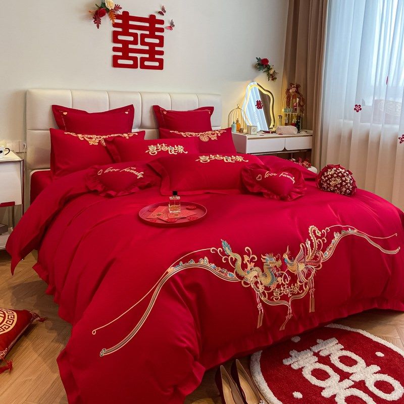 喜庆婚庆四件套被套红色s床单新婚六件套结婚床上用品喜被陪嫁