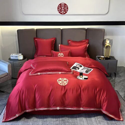 中式结婚四件套大红色婚x礼陪嫁被套婚庆床上用品婚房备婚