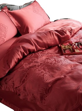 100支长绒棉婚庆提花结婚大红色四件套全棉1.5m1.Y8米床上用品