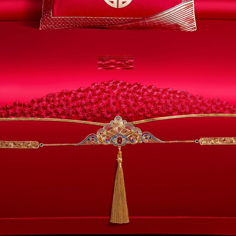 全棉婚庆四件套大红色r喜被子结婚六件套被套刺绣婚房床上用品,床上用品,婚庆床品套件,淘宝优惠券,粉丝福利购,淘宝优惠卷