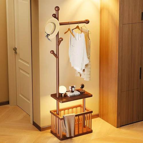 实木衣架落地衣帽架卧室可移动家用脏衣篓置物架挂衣架多功能挂包