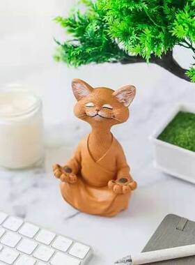 跨境新款坐禅猫黑色橘色灰色三色打坐胡须猫树脂摆件中考高考礼品