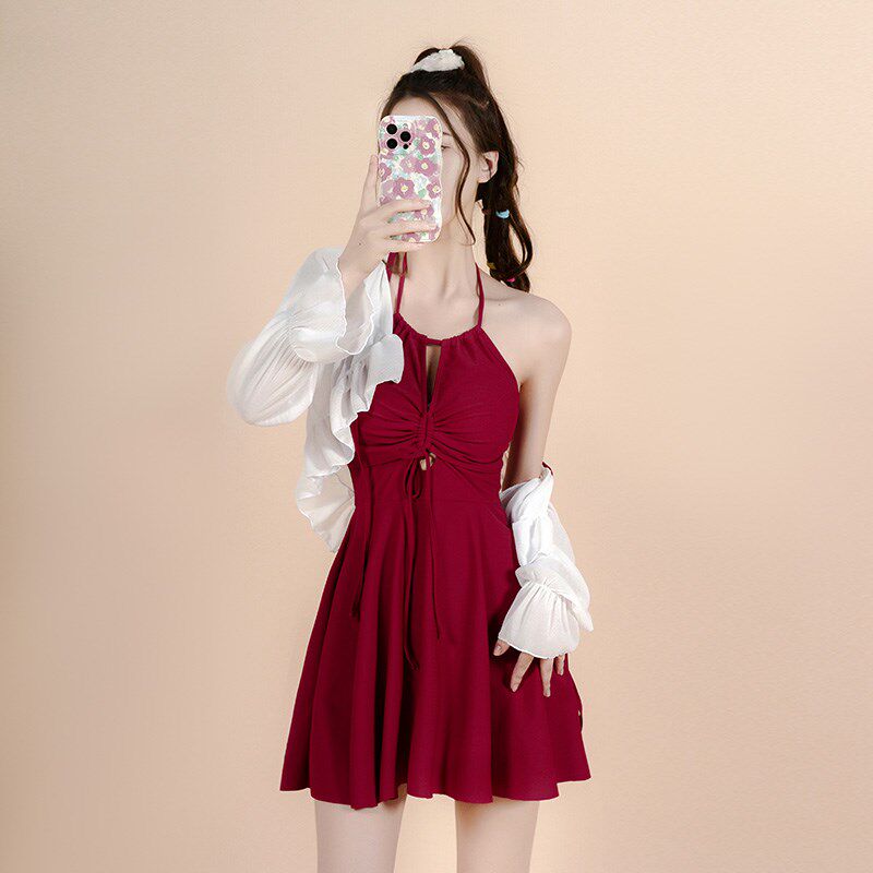 泳衣女款遮肚子高级感纯欲s风2024新款连体小个子红色泳衣仙游泳