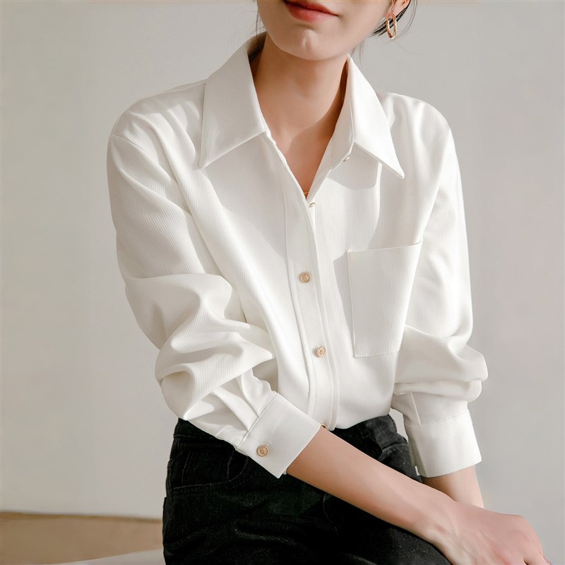 2025秋冬新款法式白色长袖衬衫女宽松叠穿加厚保暖斜纹Y磨毛衬衣