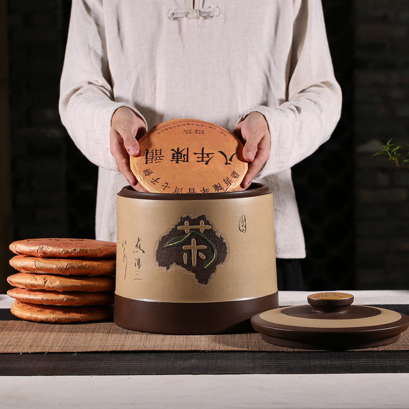 紫砂七子饼茶叶罐大号储茶缸宜兴手工陶罐存茶桶大码Y普洱密封茶