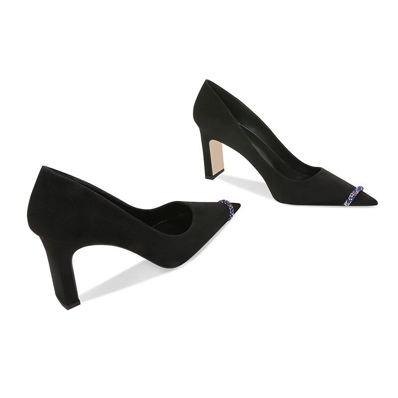 新款黑色绒面粗跟高跟鞋女尖头细跟时尚百搭浅P口鞋水钻气质单鞋