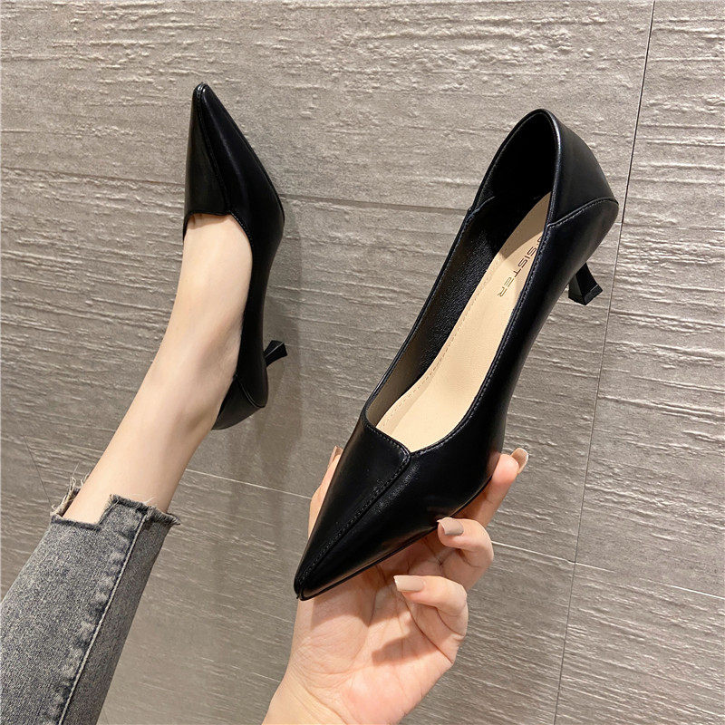 3CM软皮高跟鞋女细跟低跟职业工作鞋女尖头拼接空姐小.跟单鞋女鞋