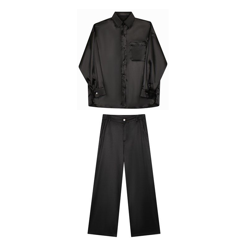 夏季超滑醋酸料禁l欲衬衫套装男宽松韩版网红慵懒风垂感长裤两件,男装,时尚套装,淘宝优惠券,粉丝福利购,淘宝优惠卷