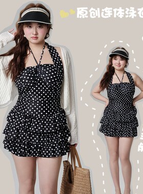 般沐大码泳衣女连体平角裤保守遮肉微胖胖m200S斤波点蛋糕裙泳装