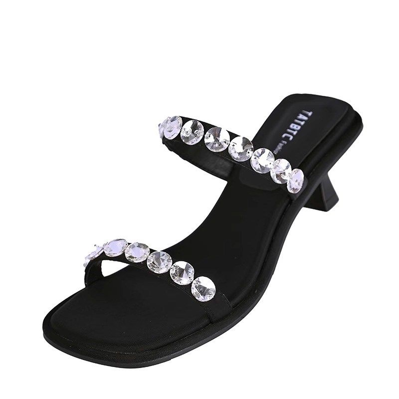 水钻黑色一字拖鞋女外穿优雅方头高跟鞋F2024年夏季新款中跟凉拖