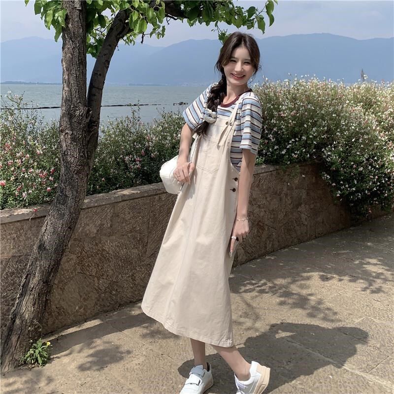 多巴胺学a院风牛仔背带裤T恤套装女夏2025小个子工装设计感两件套