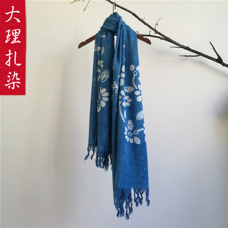云南白族手工扎h染围巾大理草木染植物蓝染蜡染民族风围巾披肩男