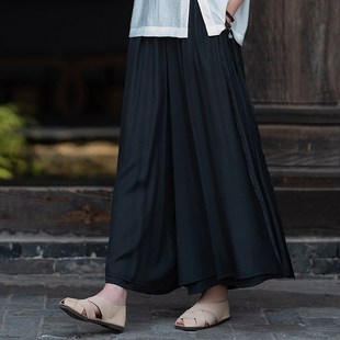 白色九分裤女夏i薄款宽松百搭垂感大脚裤舞蹈裙裤双层侧开叉阔腿