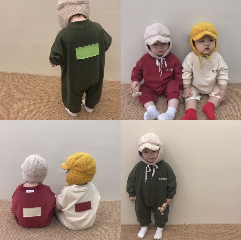 2021秋季f新款婴儿爬爬服韩版ins风方块连体衣长袖男女宝宝外出服